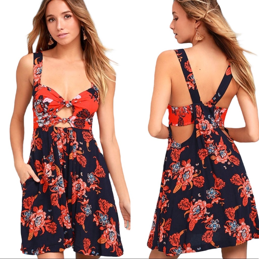 Free People Women’s Baby It’s You Floral Print Mini Dress Navy Orange Red Boho S